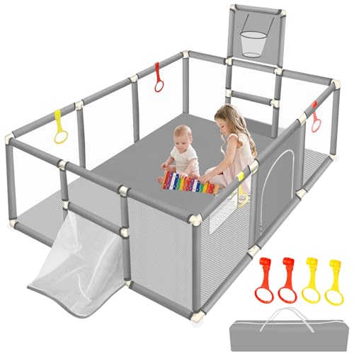 Image of 74"×50" Large Playpen for Babies and Toddlers, Kids Playyard with Basketball Hoop & Football Nets, Comes with a Storage Carry Bag, Pull Up Rings, Sturdy Safety Play Pen w/Soft Breathable Mesh (Grey)