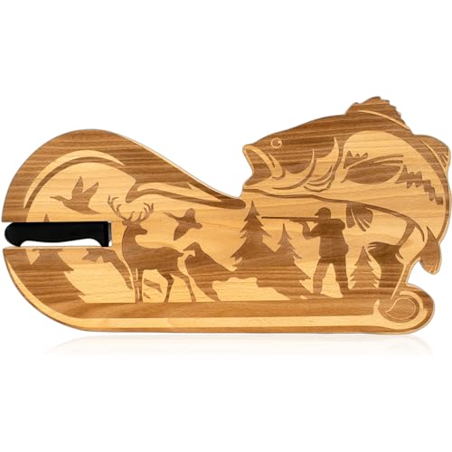 ERNESTINE - Planche à découper Chasse et pêche en bois de hêtre - Planche apéro chasseur et pêche - Idée cadeau chasse Homme - cadeau Noël homme -...