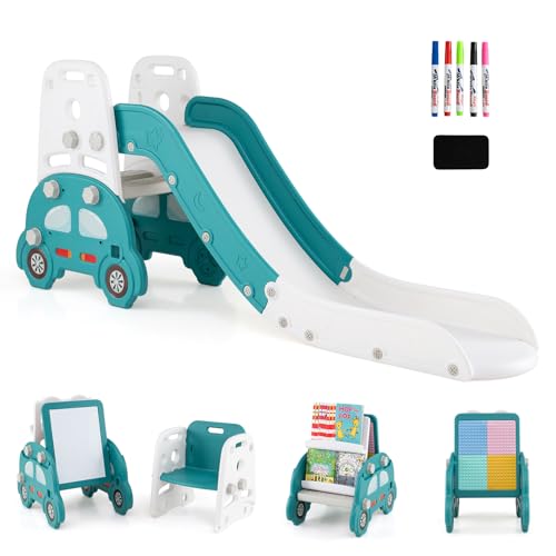GOPLUS 5 en 1 Toboggan Interieur Enfant Thème Voiture avec Escalade, Chaise Enfant, Chevalet Peinture, Bibliothèque, Tableau Blocs Constructions, Aire de...