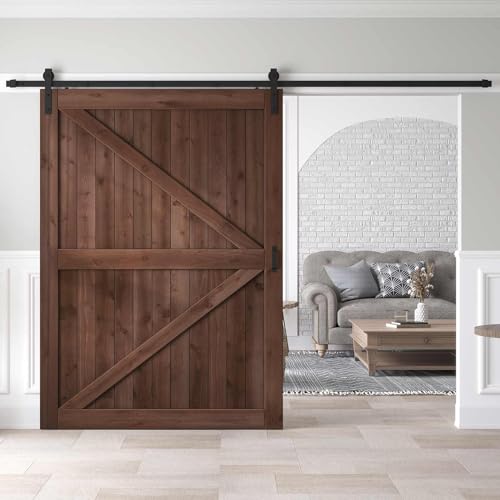 ROYMELO 60x84 inch Sliding Barn Wood Door Slab with 10ft Hardware Kit and Handle, Coffee, K Shape, Simple DIY Assembly