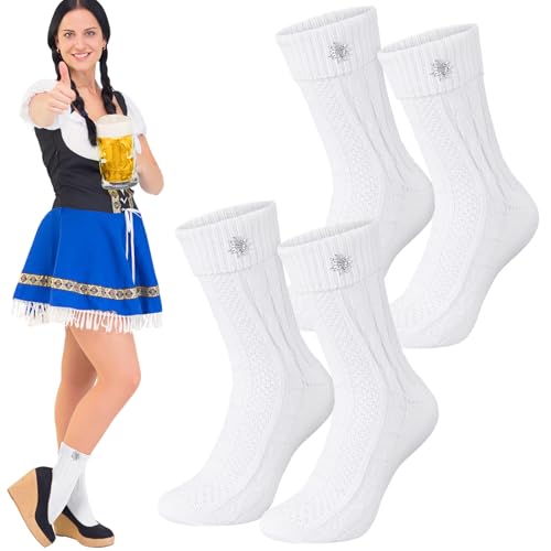 Jamntower 2 Pairs Oktoberfest Socks with Edelweiss Pin White Lederhosen Knitted Socks for Women German Traditional Costume(White Crew Socks)