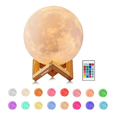 EXTSUD Full Moon Lamp, LED Lunar Night Light Remote Control Table Lamp Dimmable Brightness 16 Main Colors, 4 Light Conversion Modes with USB Charging Moonlight Gift with Wooden Holder (15 cm) Cover