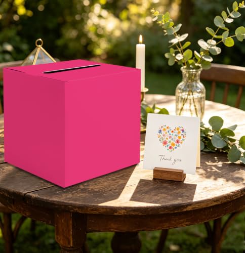 Image of SietDESEO Hot Pink Card Box for Graduation Large Gift Card Box Holder 9.8 inch x 9.8 inch Money Cards Box Diy Card Box for Wedding Reception Baby Shower Birthday Cards Box Holder