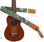 MUSIC FIRST Original Design Vintage “Acorn” Soft Muslin & Genuine Leather Ukulele Strap Ukulele Shoulder Strap With a MUSIC FIRST Genuine Leather Strap Locker