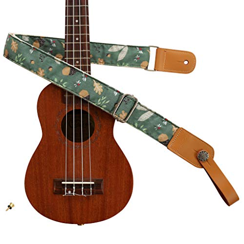 MUSIC FIRST Original Design Vintage Acorn Soft Cotton & Genuine Leather Ukulele Strap Ukulele Shoulder Strap With a MUSIC FIRST Genuine Leather Strap Locker