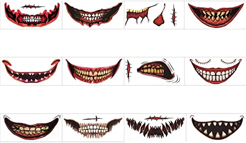 Aaiffey 12Pcs Halloween Clown Horror Mouth Tattoo Stickers,Halloween Temporary Tattoos Face Decals Prank Props For Halloween Cosplay Party Decorations #TOP4