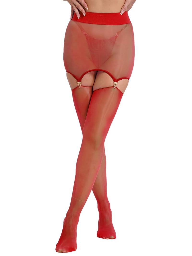 NXNB Sexy Stockings Women's Suspender Oil Thigh High Stockings High Waist Mesh Garter Belt Sheer Pantyhose Hosiery (Red)