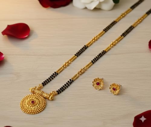Image of Traditional Maharashtrian Long Mangalsutra with Pendant & Earrings | Antique Gold Plated Black Bead Chain | Micropolish Jewelry for Women & Girls Style