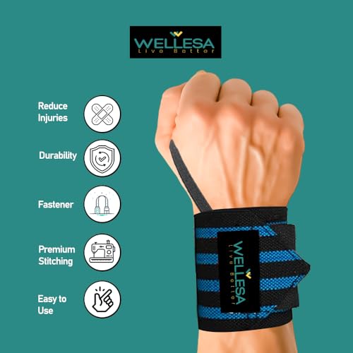 Image of Wellesa Wrist Support for Gym Workout | Wrist Band for Pain Relief & Weight Lifting | Wrist Wrap for Men & Women | Wrist Brace | Gym Accessories | One Size | Blue 4 Line