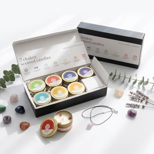 Chakra Crystal Candles Set of 7 | Hand Poured Soy Wax | Meditation & Yoga Gift | Carnelian Citrine Clear Quartz & More | Aromatherapy Ritual Candles