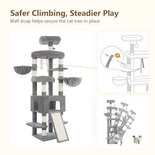 Image of Heybly Cat Tree, 82.7″ Extra Tall Cat Tower for Large Cats Adult HCT063W | Giant Cat Condo with Multi-Level Platforms, 2 Baskets, Spacious Cat Cave, Wide Sisal Scratching Board, Light Gray