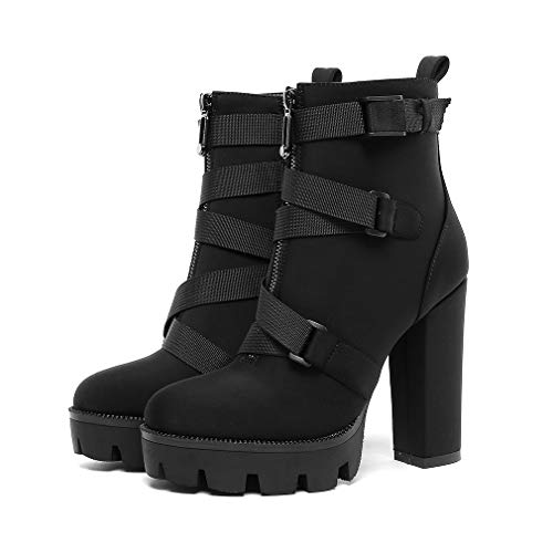 DETOGNI Women's Fashion Platform Block High Heel Booties Buckle Strap Zipper Ankle Boots2