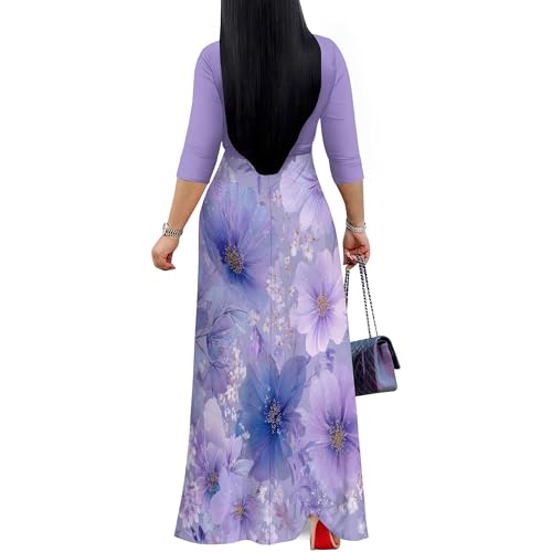 Image of Women's V Neck Floral Maxi Dress 3 /4 Sleeve Plus Size Boho Wrap Flowy Long Dresses with Belt