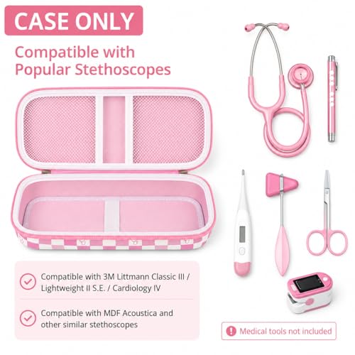 Image of ALKOO Stethoscope Case for 3M Littmann Classic III /Cardiology IV, PinkCheck | for MDF Acoustica Stethoscopes, for Nurses, Doctors, Nursing School Essentials, Students, Clinic, EMS, Travel, Hard Bag Only