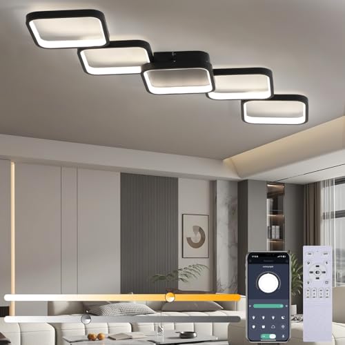 Lámpara de Techo LED Regulable con Mando Distancia/APP 3000K 6000K, Lampara Techo Salón Lámpara de Dormitorio Negro 54W Iluminación de Techo, Luz De Techo De Con Luz Nocturna Y Función De Memoria