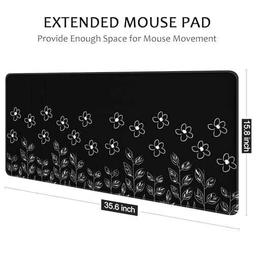 Image of Auhoahsil Desk Mat, Ultra Large Mouse Pad, XXL Gaming Mousepad, Pretty Desk Pad, Big Extended Full Size Desktop Desk Matt for Keyboard, Laptop & Computer, 35.5 x 15.7 in, Minimalist Flower Black