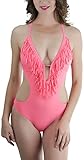 ToBeInStyle Women's Fringe Monokini Swimsuit w/Cut Out - Neon Peach - Large