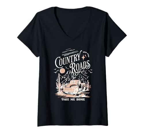 Womens Vintage Retro Music Fans Tee Country Roads Take Me Home V-Neck T-Shirt