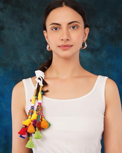 Image of Zippy Flora Rangeela Parandi (Multicolor) | Handmade Boho Parandi | Traditional Hair Accessory with Braid Tassles & Shells | Hair Extension | Choti | Versatile for Boho & Festive Styling | 22 Inches Length
