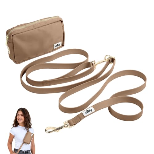 elby - Hands Free Dog Leash with Treat Pouch - Dog Walking Accessories - Dog Training Leash with Fanny Pack - Dog Accessories and Walking Essentials - Medium and Large Dogs (Dark Beige, Regular)