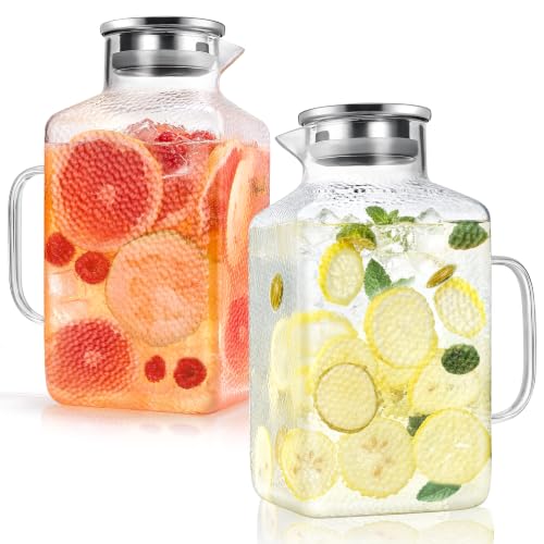 2 Pack 1 Gallon Thickened Glass Pitcher with Lid and Spout, Square Borosilicate Glass Carafe with Handle for Fridge, Extra Large Water Jug for Hot/Cold Drink, Iced Tea, Juice, Beverage (Silver)