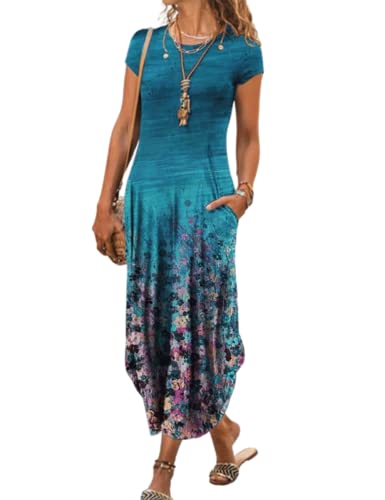Image of Women Summer Casual Maxi Dress Floral Printed Loose Pockets Short Sleeve Split Boho Dresses