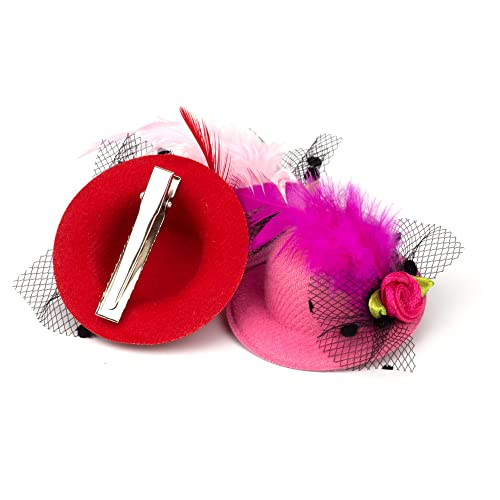 12 Pcs Mini Top Hats Hair Clip Cute Tiny Hat Fascinator With Ribbon Flowers & Faux Feather For Tea Party Decorations Girls Women Hair Accessories 6 Colors #TOP2