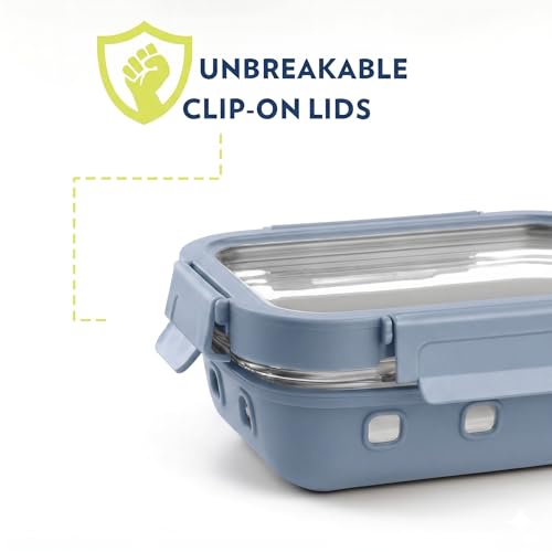 Image of Griplok Glass Lunch Box with Leakproof Lid, Borosilicate Food Storage Container with Silicone Sleeve, Airtight, Microwave /Dishwasher Safe (Glacier Blue, 1x640ml + 1x1050ml)