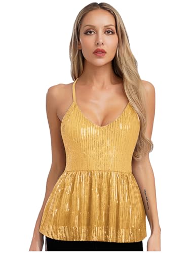 Aislor Damen Glitzer Pailletten Top Metallic Oberteile V-Ausschnitt Tanktop Ärmellose Trägerkleid Rückenfrei Minikleid Clubwear Rave Outfit Gold S