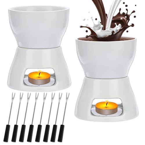 2 Pack Ceramic Chocolate Fondue Set, Cheese Melting Pots with 8 Stainless Steel Forks, 400ml Ceramic Butter Warmer for Home, Birthday, Party, Picnics (White)