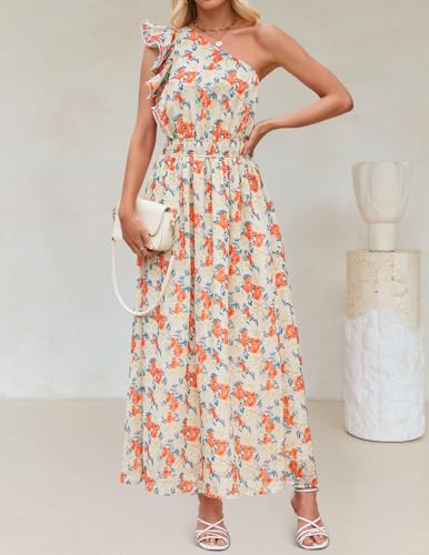 Image of ZESICA Women's 2026 Summer Floral Sleeveless Maxi Dress | One Shoulder, Sleeveless, Ruffle, High Waist, Beach Wedding Guest, Vacation, Graduation, Bridal Shower, Boho Long Dresses