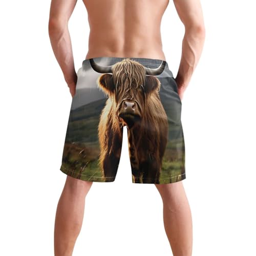 Cow Long Horns Field Men's Swim Trunks Quick-Dry Bathing Suit Swimming Board Shorts S3