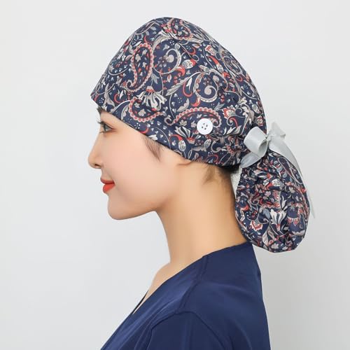 Scrub Cap, Surgical Caps for Women, Nurse Caps with Buttons Ribbon Tie, Adjustable Bouffant Nurse Hat