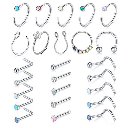 D.Bella Nose Studs, 20G 316L Stainless Steel Silver Nose Ring Studs Bone Nose Studs Screws Body Piercing