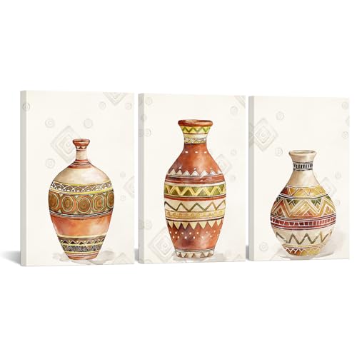KREATIVE ARTS 3 Piece Tribal Pottery Canvas Wall Art Set Southwestern Clay Jar Prints Ethnic Pot Vase Painting Rustic Boho Wall Decor for Living Room Kitchen Hallway Ready to Hang Each 16x24''
