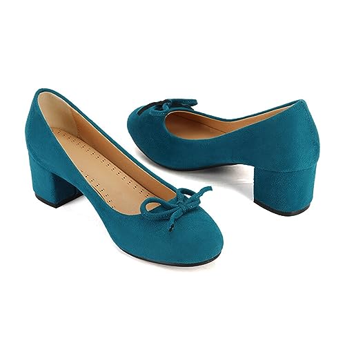 Alyaafifa Comfortable Block Heel Pumps for Women 2 Inch Mid Heel Closed Round Toe Matte Leather Suede Dress Shoes with Bowknot Party Daily Wedding Office2
