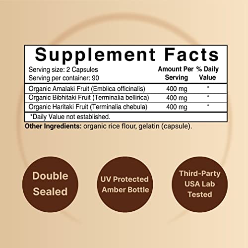 Naturebell Double Strength Triphala Supplement (Made With Organic Amla, Bibhitaki, Haritaki Fruit Complex), 1200Mg Per Serving, 180 Capsules, 3 In 1 Formula, Supports Digestive Health, Non-Gmo #TOP1
