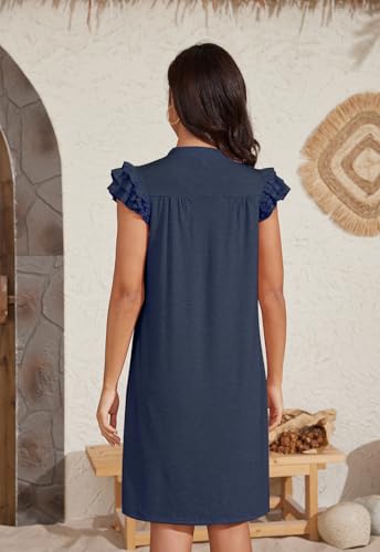 Image of Jayscreate 2025 Cotton Sundresses for Women Casual Summer Aline Ruffle Sleeve T Shirt Flowy Swing Navy Blue Beachy Dress