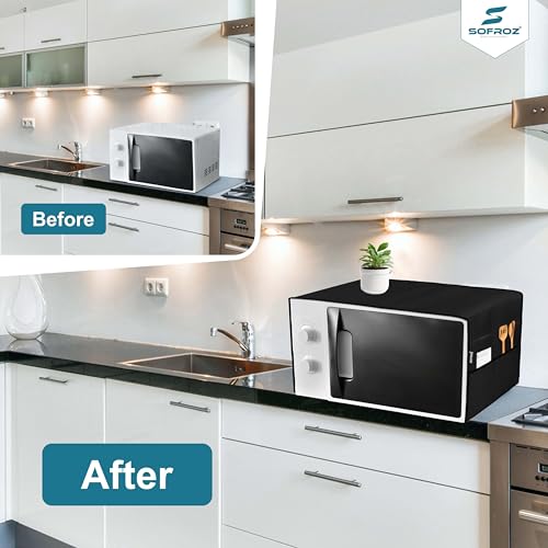 Image of Microwave Oven Cover for Durable, Waterproof and Dustproof Kitchen Protector with 4 Side Storage Pockets for Kitchen Accessories (100 x 35 cm) (Black)