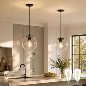 KoKo&Yukina 10″ Clear Glass Pendant Lights Kitchen Island 2 Pack Modern Globe Pendant Light Mid-Century Modern Black Pendant Light Fixtures for Dining Room Bedroom Entryway Hallway (Bulb Included)