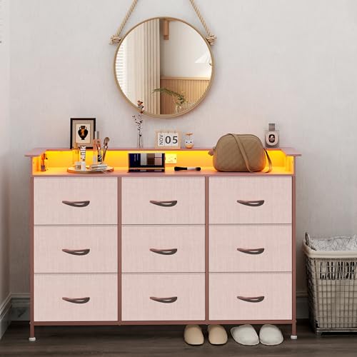 Image of EXOTICA Pink Dresser with LED Light for Girls Bedroom 9 Drawer Dressers with Charging Station Chests of Drawers for Living Room Entryway Closet Hallway Sturdy Steel Frame Wooden Top Easy Pull Handle