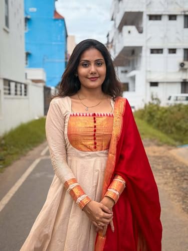 Image of Chanderi Cotton Anarkali Dress Set with Jacquard Weaving and Zari Border, Traditional Indian Ethnic Wear Gown for Weddings, Festivals, and Special Occasions