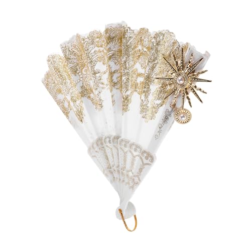 Veemoon Faltbarer Spitzenfächer aus Zinklegierung und Stoff Tragbarer Handfächer für Hochzeiten Robuster Brautfächer mit Bruchsicherem Design Vintage Accessoire für Tanzpartys