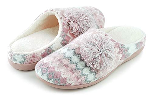 Women's Fair Isle Sweater Knit 80-D Memory Foam Slippers with Poms Cute Comfy Fuzzy Slip On House Slippers Breathable Washable Indoor/Outdoor Knitted House Shoe w/Anti Slip Sole