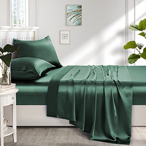 Image of Lanest Housing Silk Satin Sheets, King Size Satin Bed Sheet Set with Deep Pockets, Cooling Soft and Hypoallergenic Satin Sheets King - Dark Green