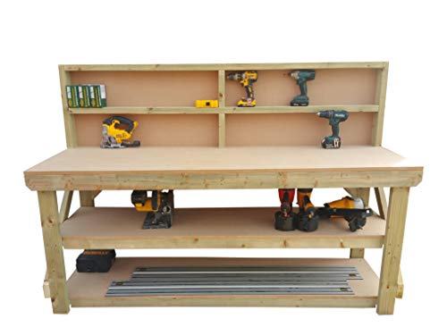 Wooden MDF Workbench With Back and Double Shelf - Work Table Handmade Strong Heavy Duty - Made From Construction Grade Timber (6ft)