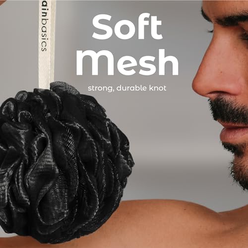 Image of MainBasics Shower Loofah Sponge Pouf, Set of 3, Triple Black | Soft Mesh Body Scrubber and Bath Sponge for Gentle Exfoliation, Rich Lather, and Everyday Shower Use