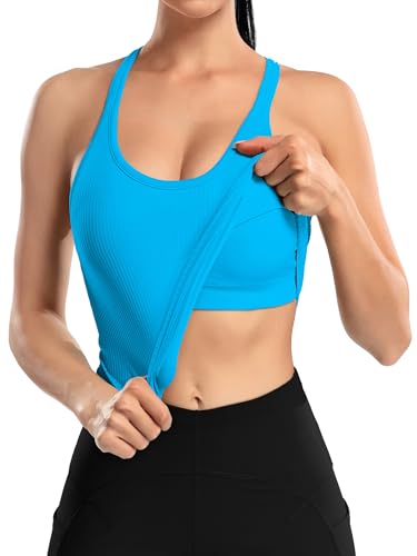 Image of ATTRACO Ribflex Ribbed Workout Crop Tops with Built in Bra for Women Yoga Racerback Tank Top Slim Fit