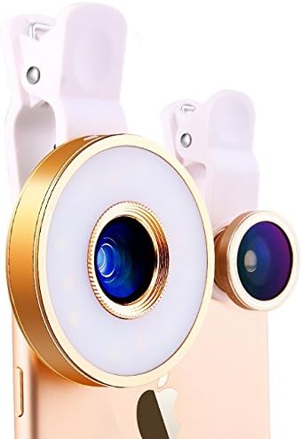 INTS Selfie Ring Light Phone Lens Smart 360 LED Clip On Ring Light 3-Level Special Effects Shots with Fish Eye Lens Wide Angle Lens Macro Lens (Golden)