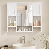 VECELO Spiegelschrank Bad 73 x 89 x 18 cm, Badezimmerschrank mit Spiegel,wandmontiert mit verstellbaren Ablagen, offenen Fächern und 2 Handtuchhaltern, Badschrank für Badezimmer und Küche, Weiß